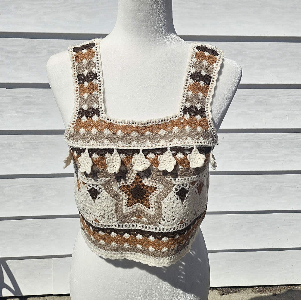 Crochet Star Pattern Crop Tank Top in Cream and Brown Three Birds Nest
